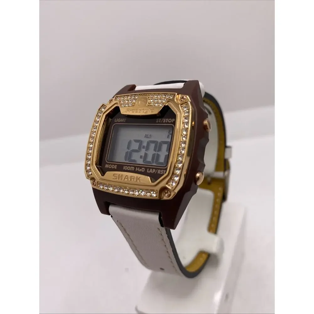 Freestyle Shark Rosegold Rhinestone White Leather Band Surfing Watch New Battery